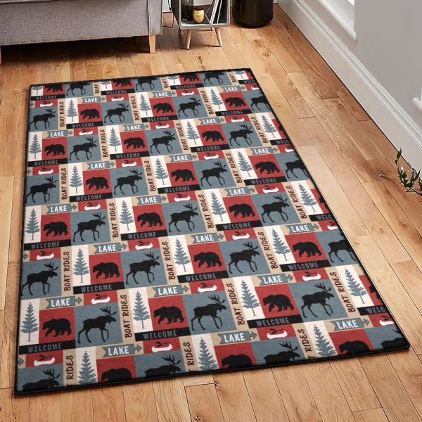 Bear Playroom Rug Lake House Bear Moose Rug Rectangle Rugs Washable Area Rug Non-Slip Carpet For Living Room Bedroom