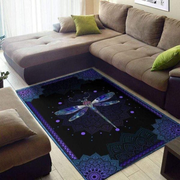 Blue Dragonfly Mandala Pattern Black Rectangle Rug Carpet Washable Rugs