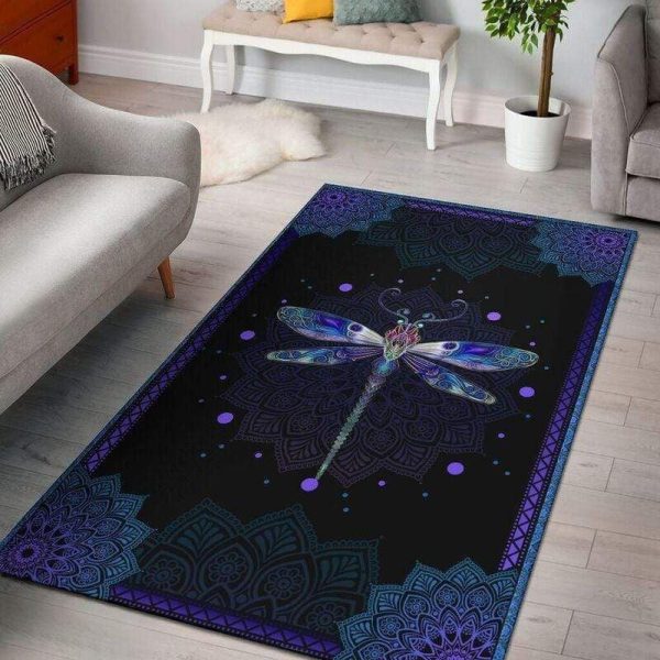 Blue Dragonfly Mandala Pattern Black Rectangle Rug Carpet Washable Rugs - Image 2