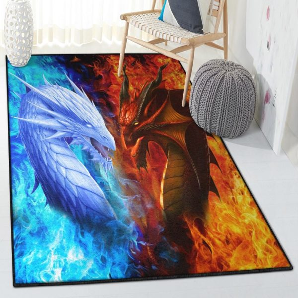 Fantasy Animal Washable Ice Vs Fire Dragon Rug Rectangle Rugs Washable Area Rug Non-Slip Carpet For Living Room Bedroom