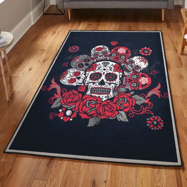 Sugar Skull Cool Rugs Red Roses Sugar Skull Rug Rectangle Rugs Washable Area Rug Non-Slip Carpet For Living Room Bedroom