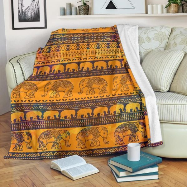 Elephant Aztec Orange And Black Fleece Blanket