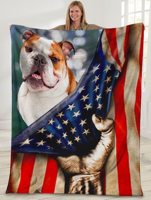 3d English Bulldog Dog American Usa Flag Fleece Blanket