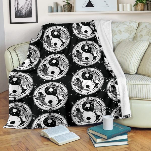 Yin Yang Koi Fish Black And White Fleece Blanket