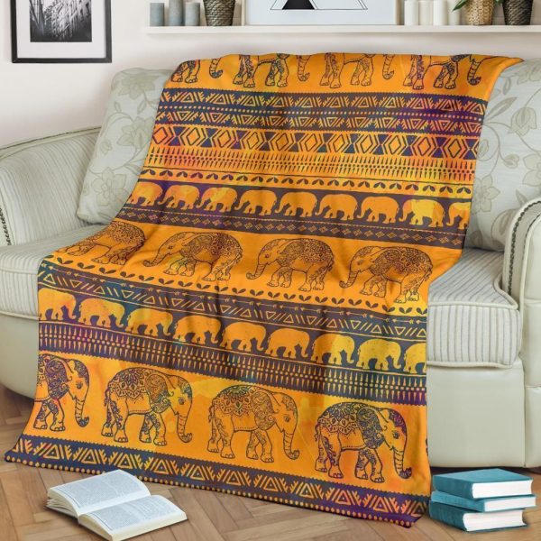 Elephant Aztec Orange And Black Fleece Blanket - Image 2