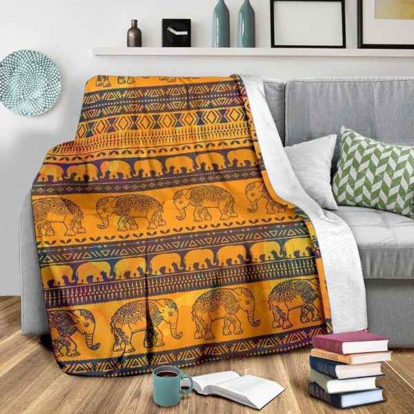 Elephant Aztec Orange And Black Fleece Blanket - Image 3